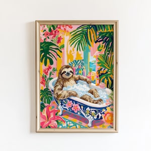 May include: A framed art print featuring a sloth relaxing in a clawfoot bathtub filled with bubbles. The artwork has a colorful tropical theme with pink, green, and blue hues. The sloth is brown and the bathtub is white and blue.