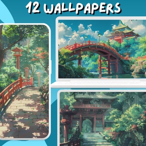May include: A collection of 12 digital wallpapers featuring Japanese-inspired scenes with lush greenery, red bridges, and traditional architecture. The wallpapers are perfect for adding a touch of serenity and beauty to your digital devices.