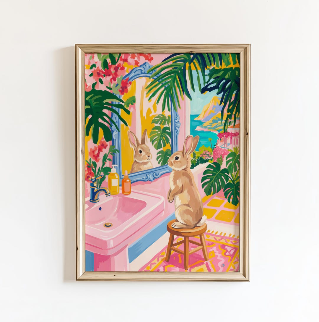 Tropical Bunny Vanity Art Print – Pink Bathroom Wall Art, Matisse Style ...