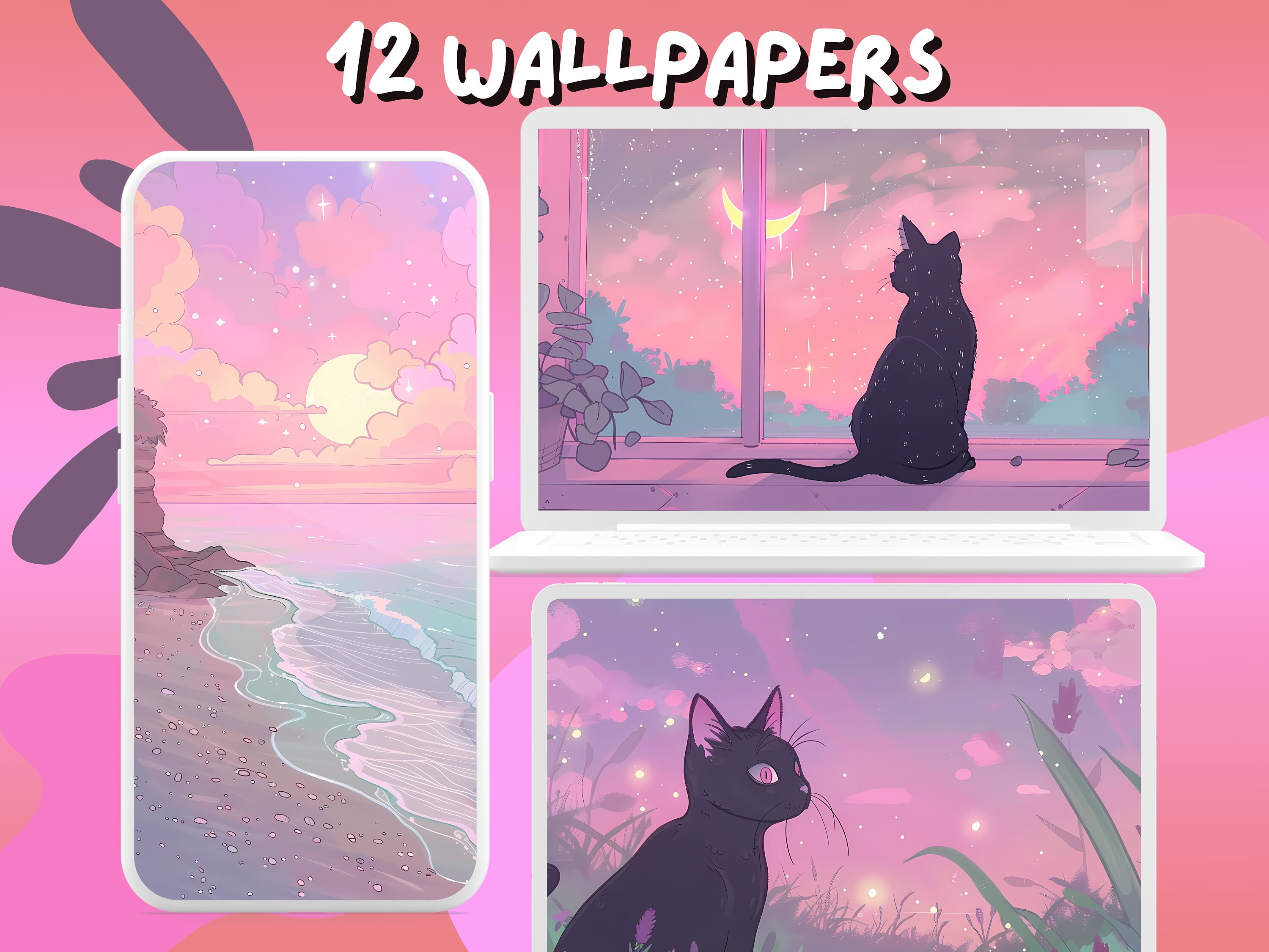 Dreamy Black Cat Wallpapers Pastel Pink Whimsical Landscape Anime Desktop  Wallpaper Phone Wallpaper Desktop Theme Background Kawaii Cute - Etsy New  Zealand, image size:3000x2251