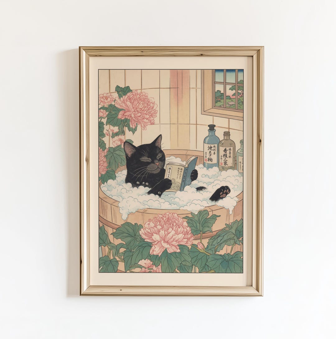 Onsen Reading Cat Poster – Japanese Bathroom Wall Art, Matisse Inspired ...