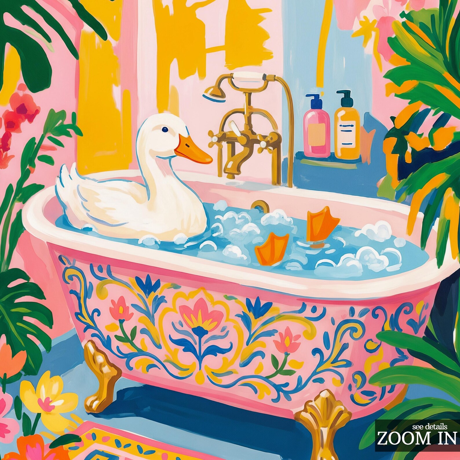 Tropical Duck Bath Art Print – Pink Bathroom Wall Art, Matisse Style ...