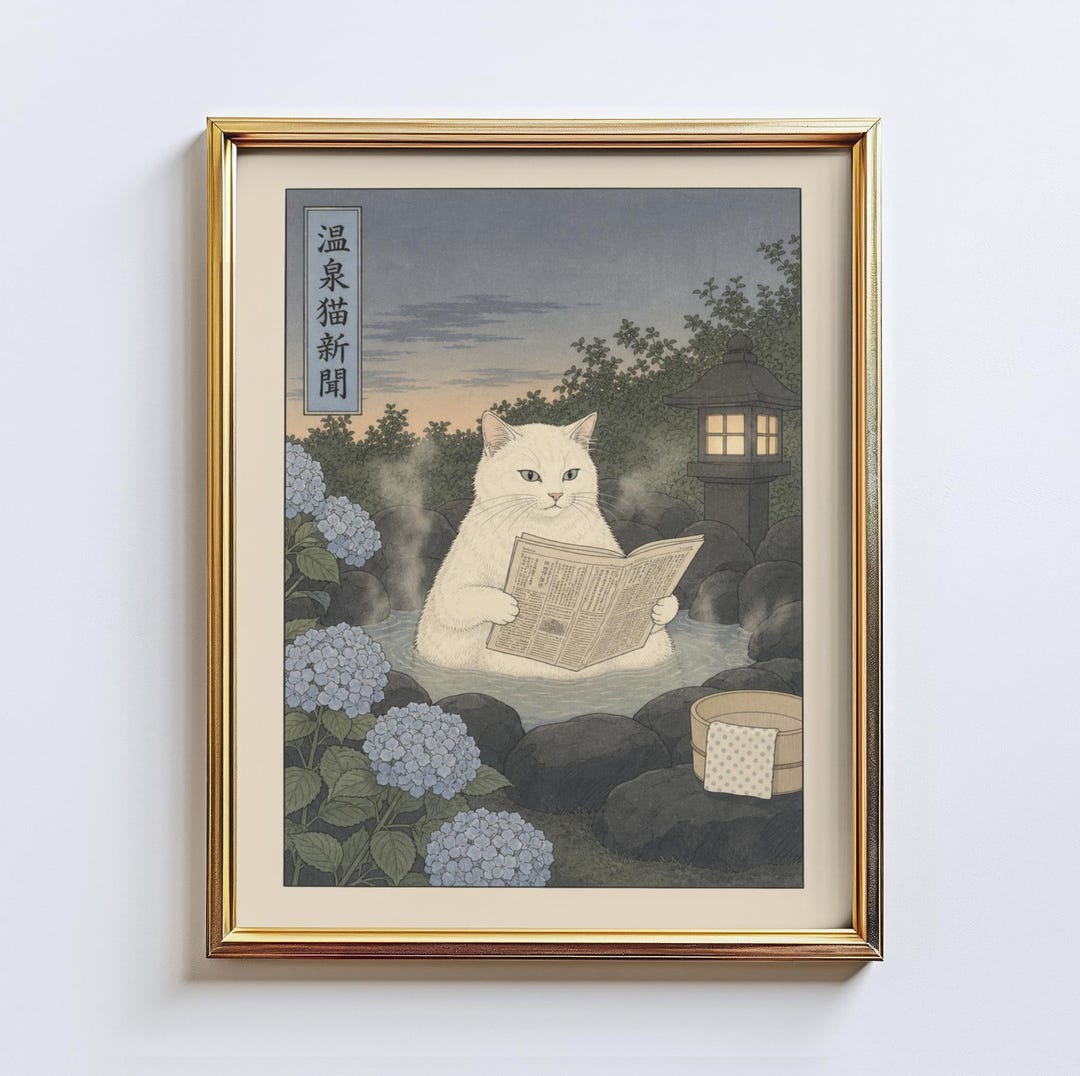 Hydrangea Onsen Cat – Japanese White Cat Bath Poster, Cozy Hot Spring ...