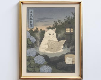 Può includere: Stampa artistica incorniciata raffigurante un gatto bianco che legge un giornale in una sorgente termale. L'opera, in stile giapponese, presenta ortensie blu, una lanterna di pietra e testo giapponese. La cornice è dorata.