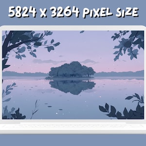 May include: A digital illustration of a lake with a small island in the middle. The lake is surrounded by trees and the sky is a soft purple color. The image is displayed on a laptop screen.