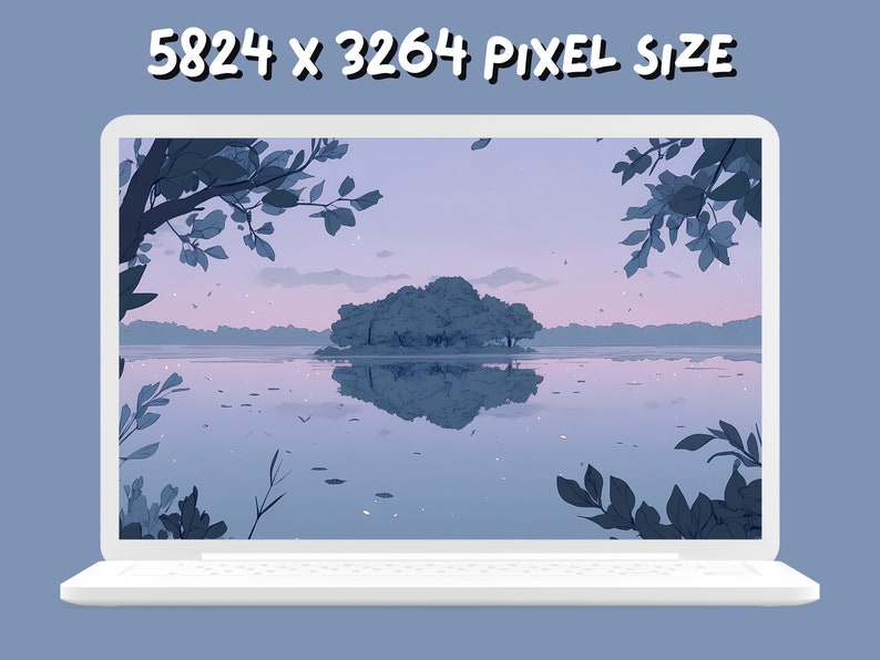 May include: A digital illustration of a lake with a small island in the middle. The lake is surrounded by trees and the sky is a soft purple color. The image is displayed on a laptop screen.
