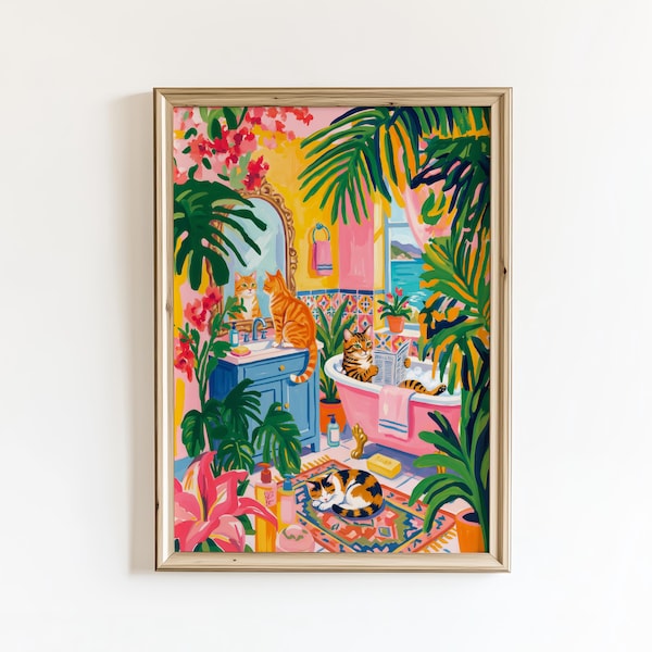 Tropical Cat Bathroom Scene Poster – Mediterranean Wall Art, Matisse Style Pink Dopamine Decor