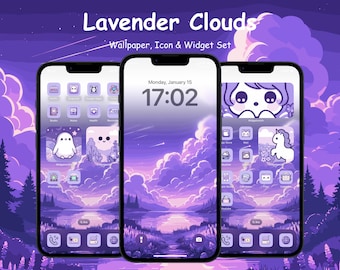 Lavender Clouds App Icon Set | Aesthetic Lo-Fi iOS App Icons, Anime Cute Kawaii Wallpapers and Widgets for iPhone & Android