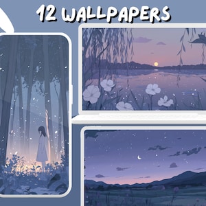 May include: A set of 12 digital wallpapers featuring a variety of dreamy, pastel-colored landscapes. The wallpapers include a forest scene with a lone figure, a lake with a sunset, and a starry night sky.