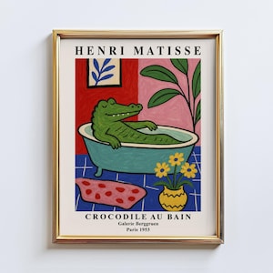 Crocodile au Bain – Matisse Inspired Crocodile Poster, Colorful Bathroom Wall Art, Whimsical Animal Bath Print