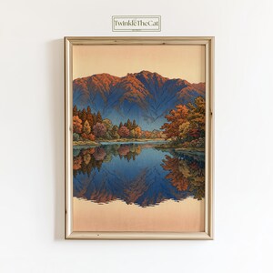 Crimson Echo Peaks – Vintage Japanese Autumn Mountain Poster, Ukiyo-e Style Lake Reflection Print
