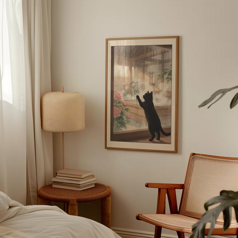 Black Cat by Onsen Window Art Print – Japanese Ukiyo-e Style Bathroom ...