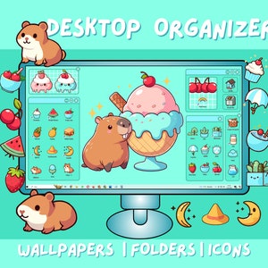 Capybara & IceCream Funky Desktop Wallpaper Organizer Theme - Minimalist Computer Background - Blue Kawaii Whimsical folder icons cursors