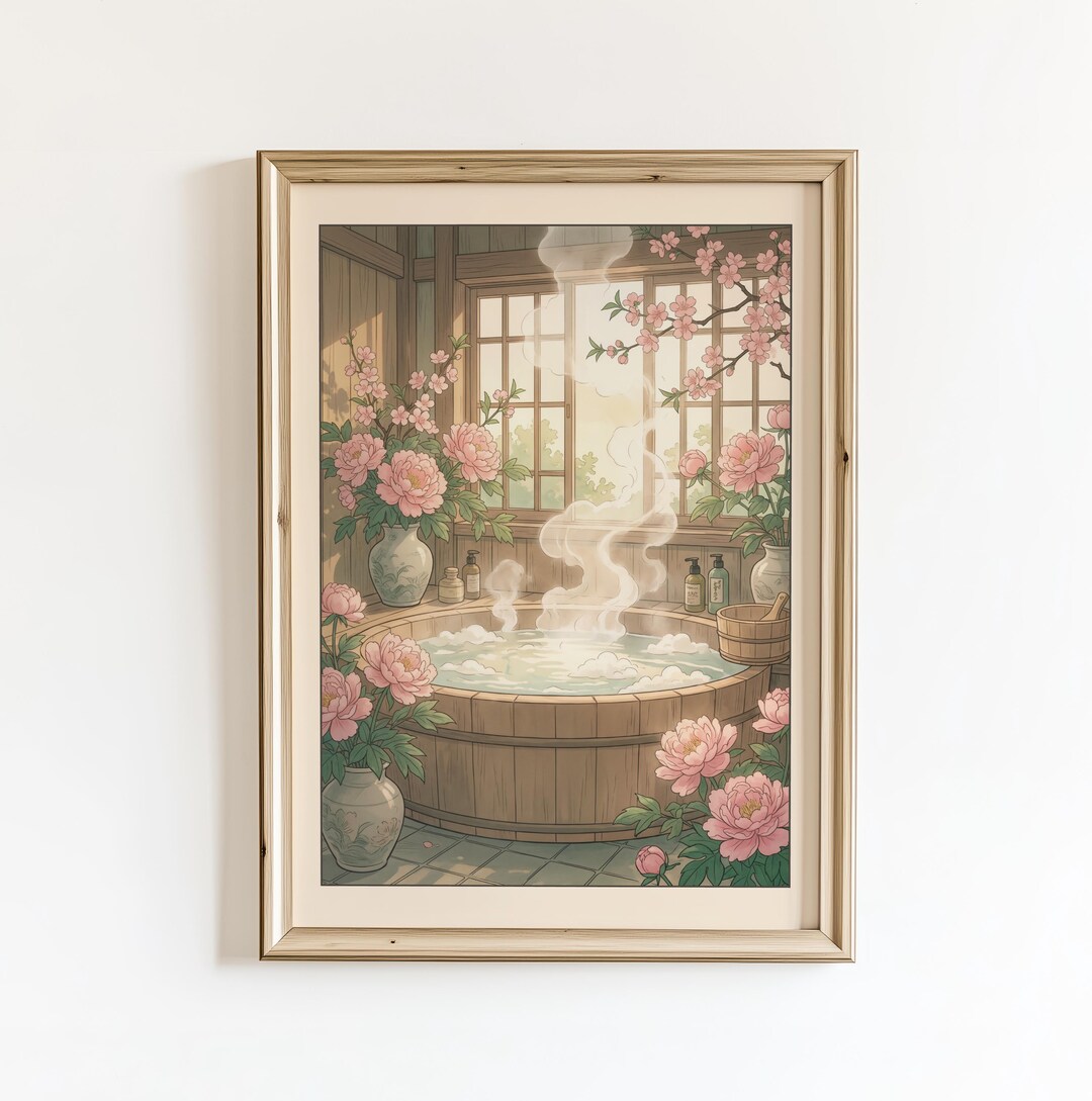 Sakura Onsen Bath Print – Japanese Peony Bathroom Wall Art, Serene Spa ...
