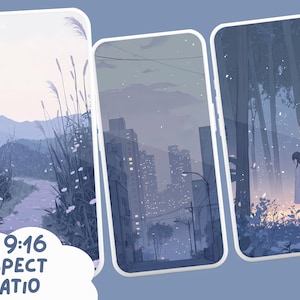 May include: Three phone wallpapers with a soft, pastel color scheme. The first wallpaper features a path through a field of tall grass and flowers. The second wallpaper shows a city skyline at dusk. The third wallpaper depicts a lone figure standing in a forest.