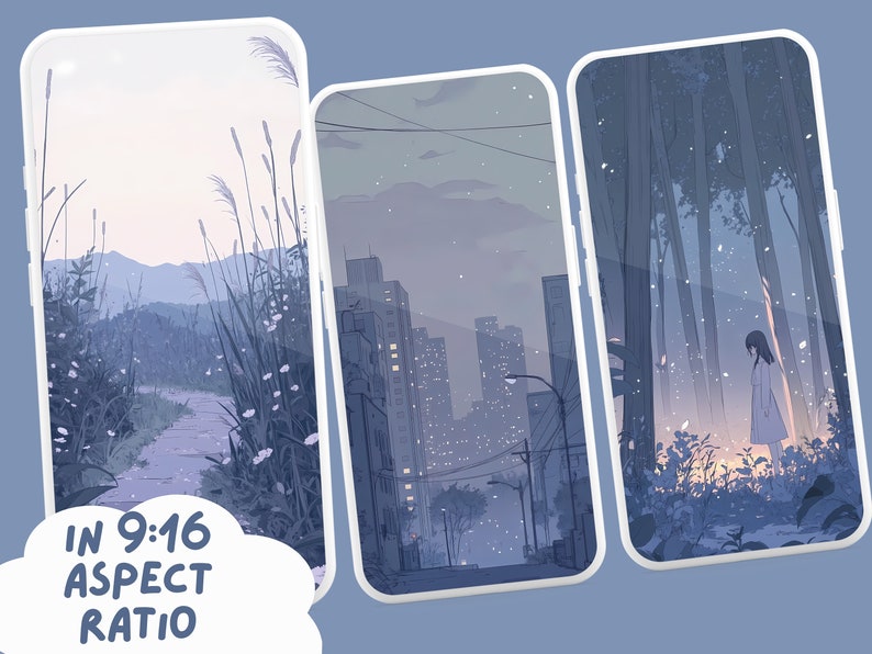 May include: Three phone wallpapers with a soft, pastel color scheme. The first wallpaper features a path through a field of tall grass and flowers. The second wallpaper shows a city skyline at dusk. The third wallpaper depicts a lone figure standing in a forest.