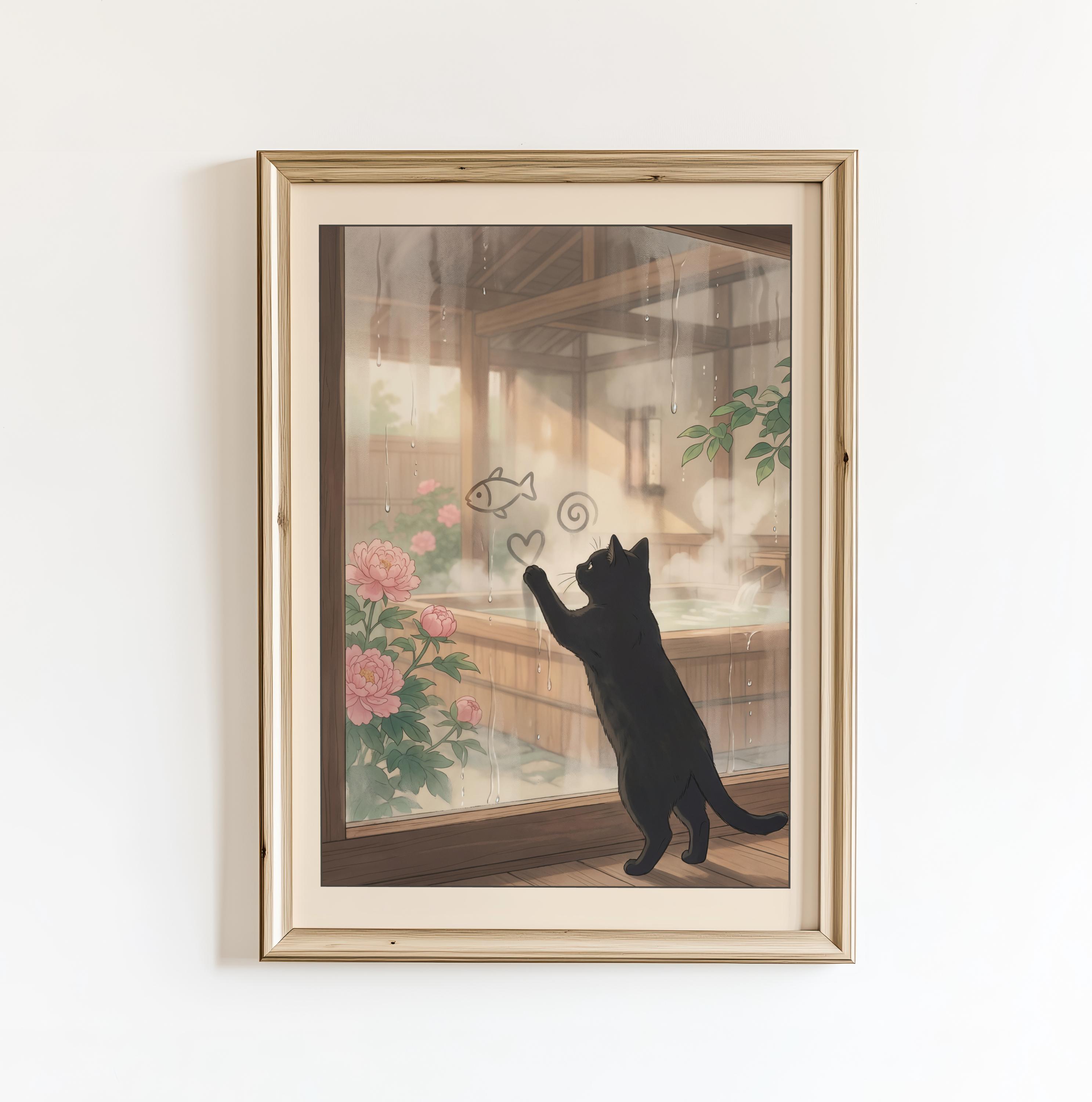 Black Cat by Onsen Window Art Print – Japanese Ukiyo-e Style Bathroom ...