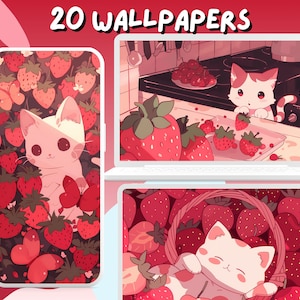 Puede incluir: Una ilustración digital de un gato blanco con orejas y nariz rosas rodeado de fresas rojas. El gato está mirando al espectador. El fondo es un degradado rosa y rojo.