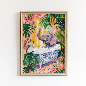 May include: A framed art print shows an elephant in a bubble bath within a vintage blue and white tub. The artwork has a tropical theme with green leaves, pink flowers, and a yellow rubber duck. The elephant is pink and grey, set in a colourful scene.