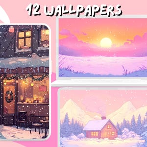 May include: A collection of 12 winter-themed wallpapers featuring snowy scenes, a cozy cafe, and a cabin in the woods. The wallpapers are displayed on a laptop and a smartphone.