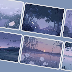 May include: A set of six digital illustrations featuring various nighttime scenes with a soft, pastel color palette. The scenes include a forest path, a city skyline, a lake with a sunset, and a field with a crescent moon. Each illustration features delicate details like flowers, stars, and glowing lights.