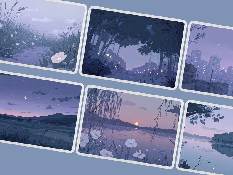 May include: A set of six digital illustrations featuring various nighttime scenes with a soft, pastel color palette. The scenes include a forest path, a city skyline, a lake with a sunset, and a field with a crescent moon. Each illustration features delicate details like flowers, stars, and glowing lights.