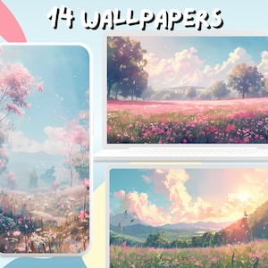 May include: A collection of 14 digital wallpapers featuring a pastel pink and blue color scheme with a dreamy landscape of a field of flowers and a mountain range in the background. The sky is a light blue with fluffy white clouds.