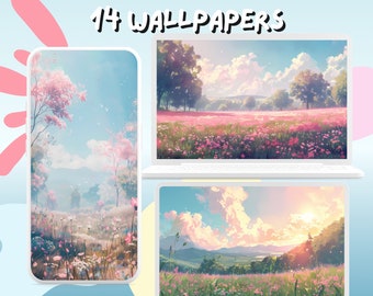 Bloemenweide-achtergronden Pastelkunst Behang Lente Esthetisch Anime Desktop Telefoon Wallpaper Computer Achtergrond geïnspireerd door studio ghibli