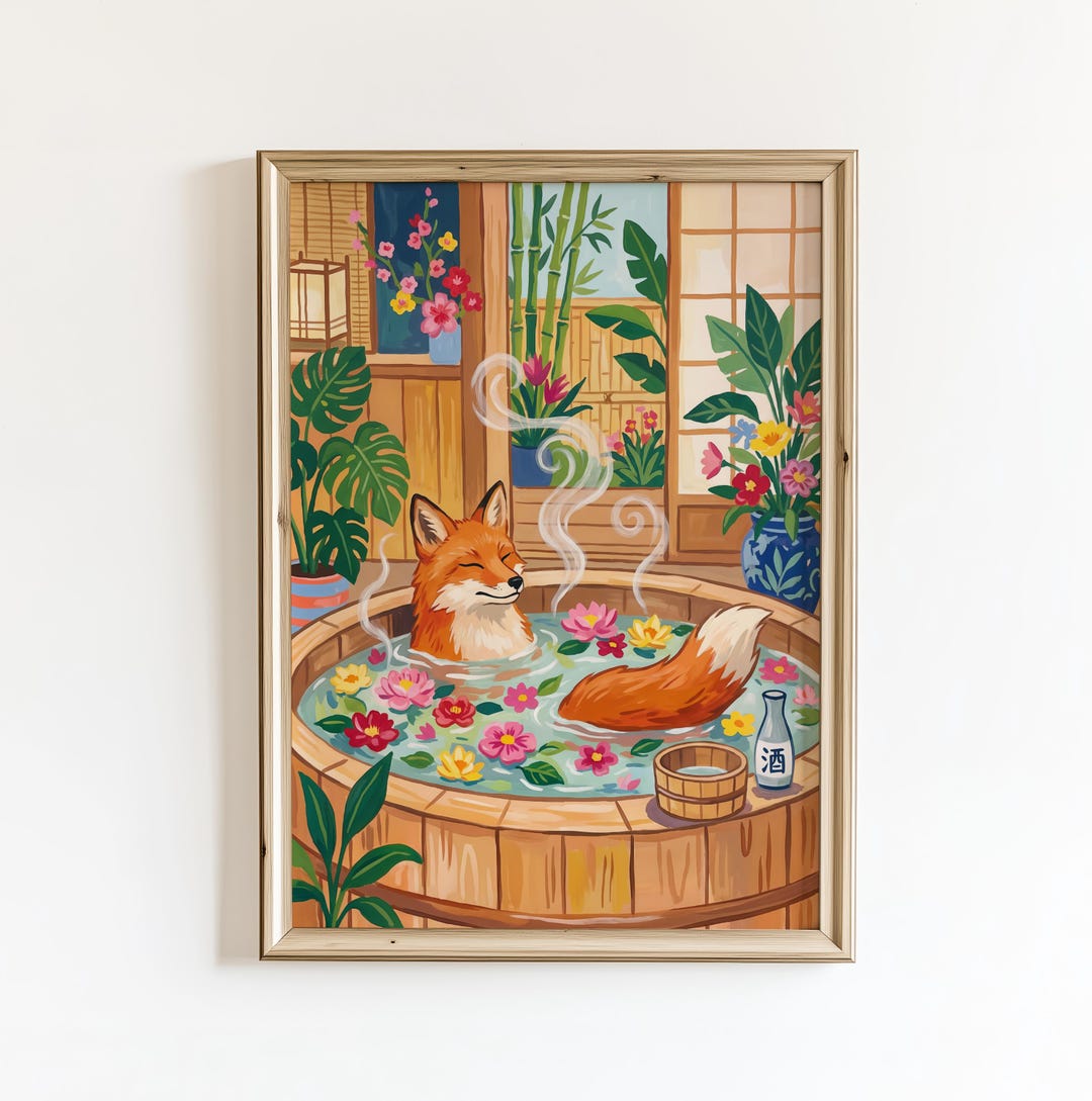 Japanese Fox Onsen Art Print – Ukiyo-e Style Bathroom Wall Art, Japandi ...