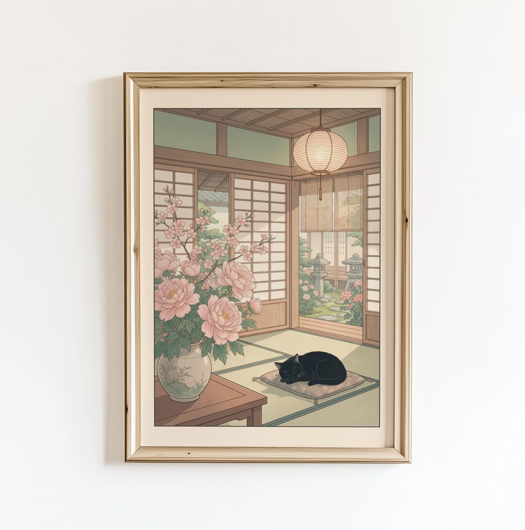 Tranquil Sakura Cat Poster – Japanese Interior Wall Art, Matisse ...