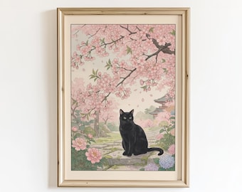 May include: Framed art print featuring a black cat sitting on a stone path in a Japanese garden. The scene is filled with pink cherry blossoms, lush greenery, and a traditional pagoda in the background. The artwork has a vintage aesthetic.
