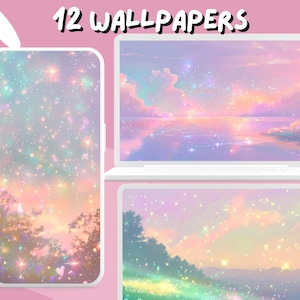 以下が含まれることがあります： パステルピンク、ブルー、パープルの空に輝く星と湖に沈む夕日を表現した、12種類のデジタル壁紙のセットです。これらの壁紙は、あなたの携帯電話やコンピューターに、幻想的で魔法のような雰囲気を加えるのに最適です。