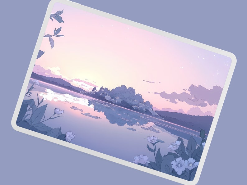 K&ouml;nnte beinhalten: Eine digitale Illustration eines Sees mit einem Gebirge im Hintergrund. Der Himmel ist in sanftem Rosa und Lila mit wei&szlig;en Wolken. Das Wasser ist hellblau und spiegelt den Himmel wider. Im Vordergrund befinden sich wei&szlig;e Blumen.