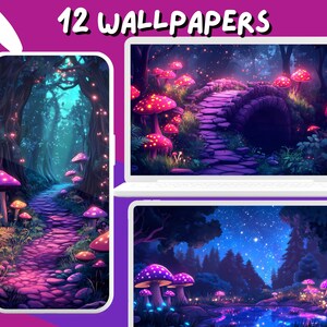 Verzauberter Wald Pilz Wallpaper Lofi rosa Lila Tapeten Anime Wallpaper Desktop Hintergrund Handy Wallpaper niedlich Magie Desktop Theme