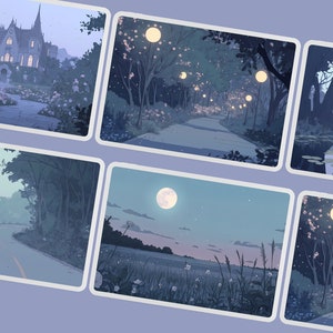 K&ouml;nnte beinhalten: Eine Sammlung von sechs digitalen Illustrationen, die verschiedene Nachtszenen darstellen. Jedes Bild zeigt eine andere Landschaft, darunter einen Wald, ein Feld und einen Sumpf. Die Illustrationen sind in einer weichen, pastellfarbenen Farbpalette gehalten und haben eine vertr&auml;umte, &auml;therische Atmosph&auml;re.