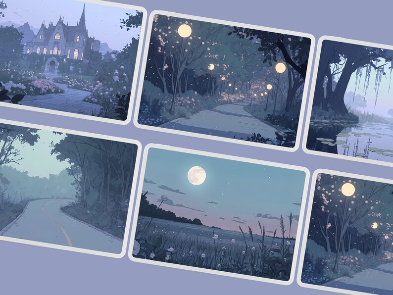 K&ouml;nnte beinhalten: Eine Sammlung von sechs digitalen Illustrationen, die verschiedene Nachtszenen darstellen. Jedes Bild zeigt eine andere Landschaft, darunter einen Wald, ein Feld und einen Sumpf. Die Illustrationen sind in einer weichen, pastellfarbenen Farbpalette gehalten und haben eine vertr&auml;umte, &auml;therische Atmosph&auml;re.