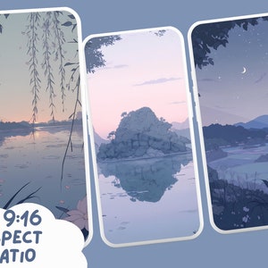 May include: Three phone wallpapers with a 9:16 aspect ratio. The first wallpaper features a lake with a small island in the distance, a sunset sky, and a willow tree in the foreground. The second wallpaper features a lake with a small island in the distance, a sunset sky, and a willow tree in the foreground. The third wallpaper features a mountain range in the distance, a crescent moon in the sky, and a field of grass in the foreground.
