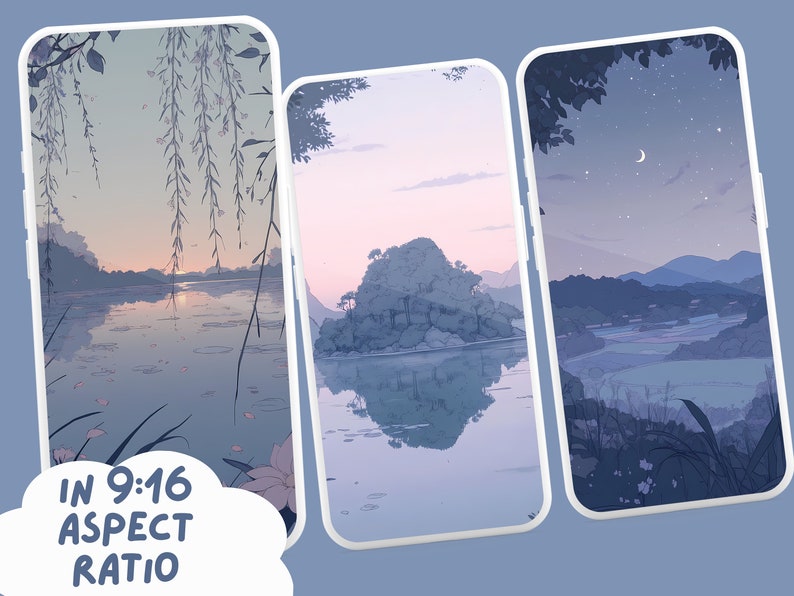 May include: Three phone wallpapers with a 9:16 aspect ratio. The first wallpaper features a lake with a small island in the distance, a sunset sky, and a willow tree in the foreground. The second wallpaper features a lake with a small island in the distance, a sunset sky, and a willow tree in the foreground. The third wallpaper features a mountain range in the distance, a crescent moon in the sky, and a field of grass in the foreground.