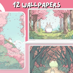 Op de afbeelding: Een set van 12 digitale achtergronden met een cartoonfiguur in een bosrijke omgeving met roze kersenbloesems. Het personage is een pluche, grijs wezen met grote oren en een rond lichaam. De achtergronden zijn perfect om een vleugje whimsy en charme toe te voegen aan je telefoon- of computerscherm.