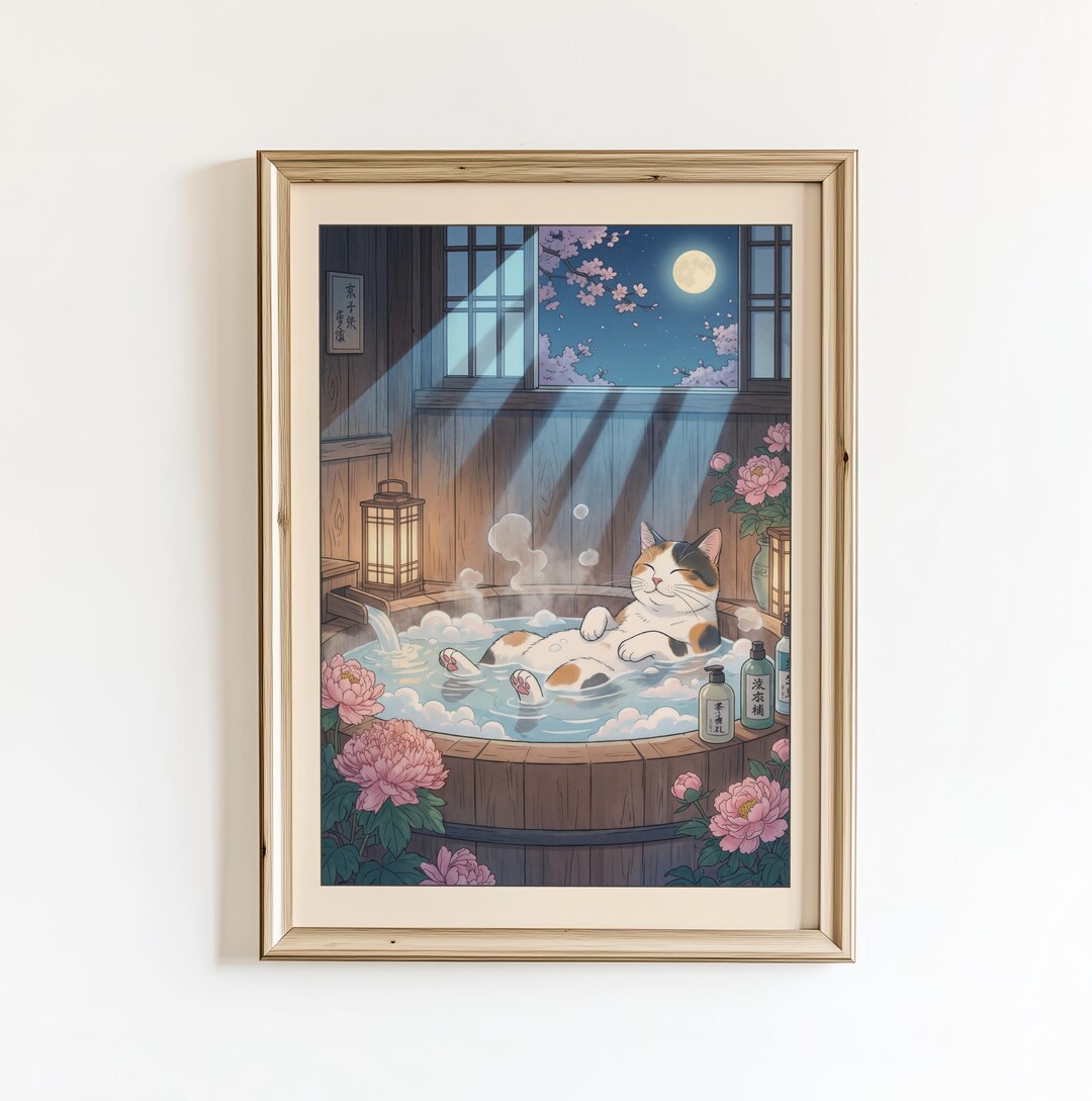 Moonlight Onsen Cat Poster – Japanese Night Wall Art Print, Matisse ...
