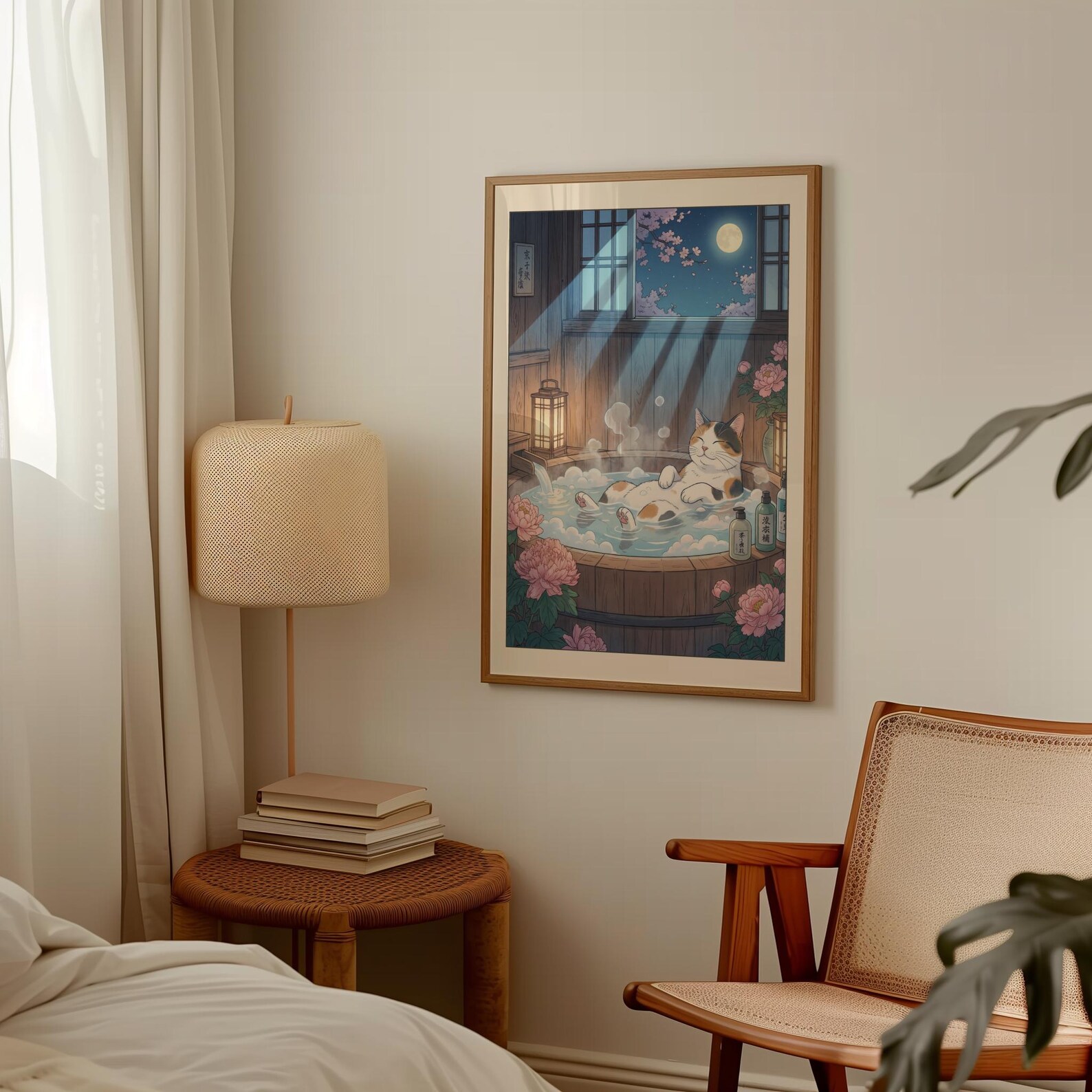 Moonlight Onsen Cat Poster – Japanese Night Wall Art Print, Matisse ...