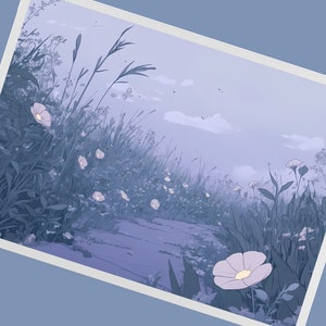 May include: A digital illustration of a field of wildflowers with a path leading through the center. The flowers are white and the background is a soft blue.