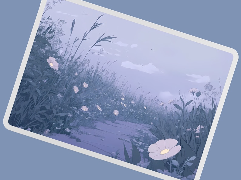 May include: A digital illustration of a field of wildflowers with a path leading through the center. The flowers are white and the background is a soft blue.