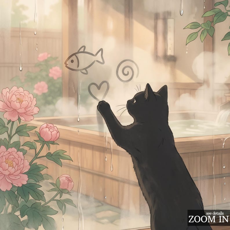 Black Cat by Onsen Window Art Print – Japanese Ukiyo-e Style Bathroom ...