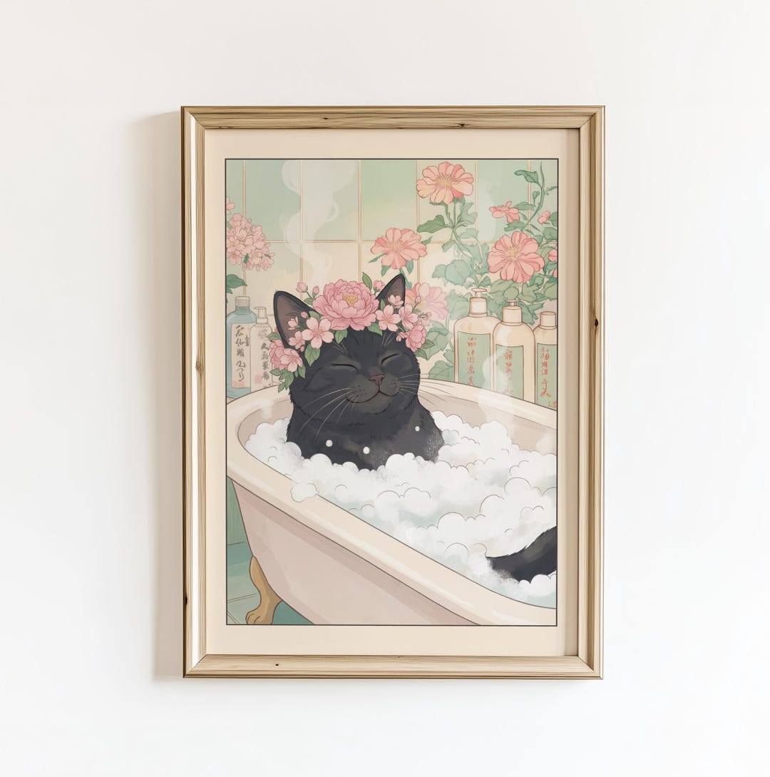 Black Cat in Bathtub Art Print – Japanese Ukiyo-e Style Bathroom Wall ...