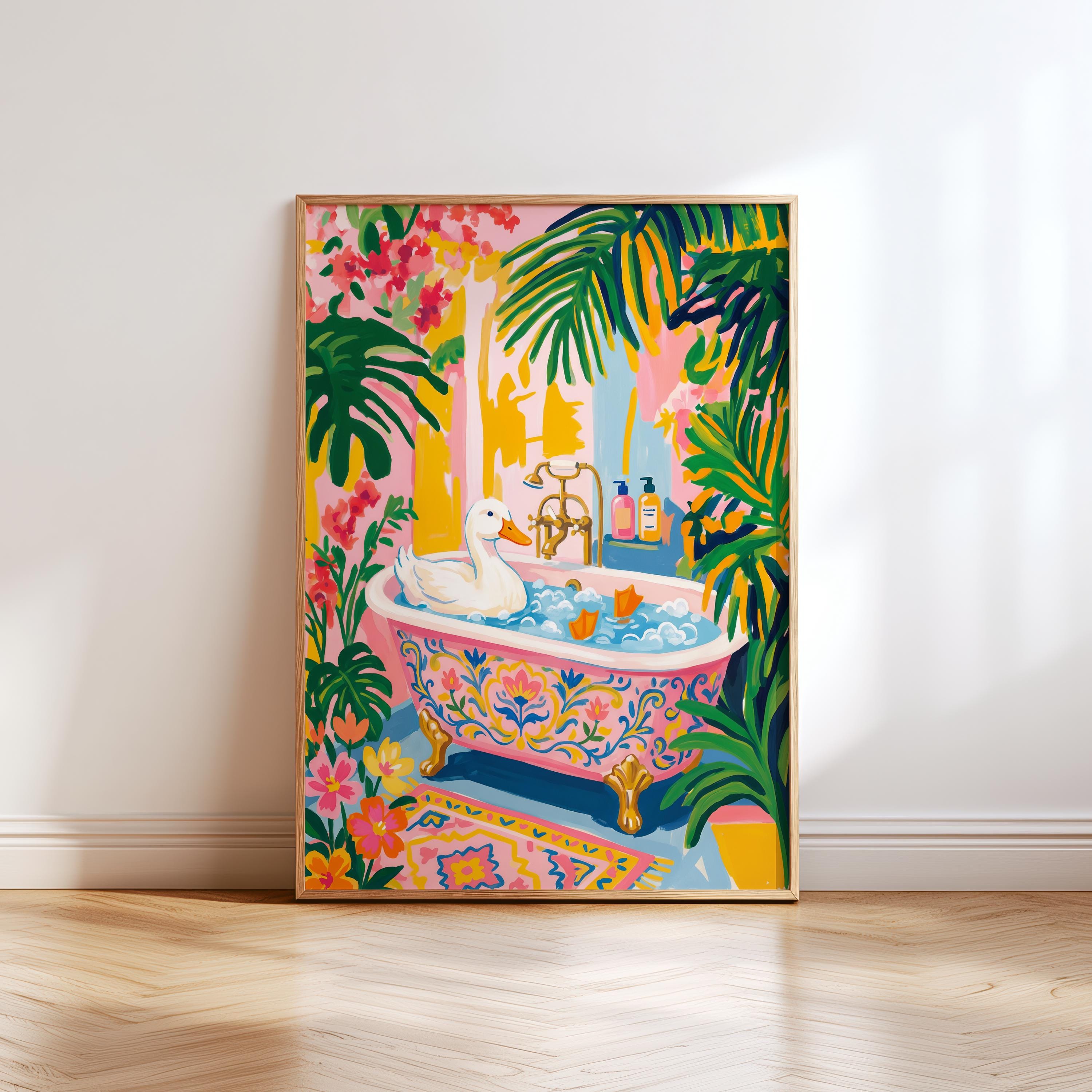 Tropical Duck Bath Art Print – Pink Bathroom Wall Art, Matisse Style ...