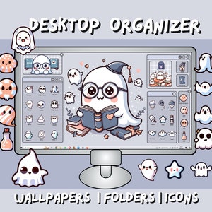 Ghostly Reader Funky Desktop Wallpaper Organizer Theme - Minimalist Computer Background - Gray Moody Kawaii Whimsical folder icons cursors