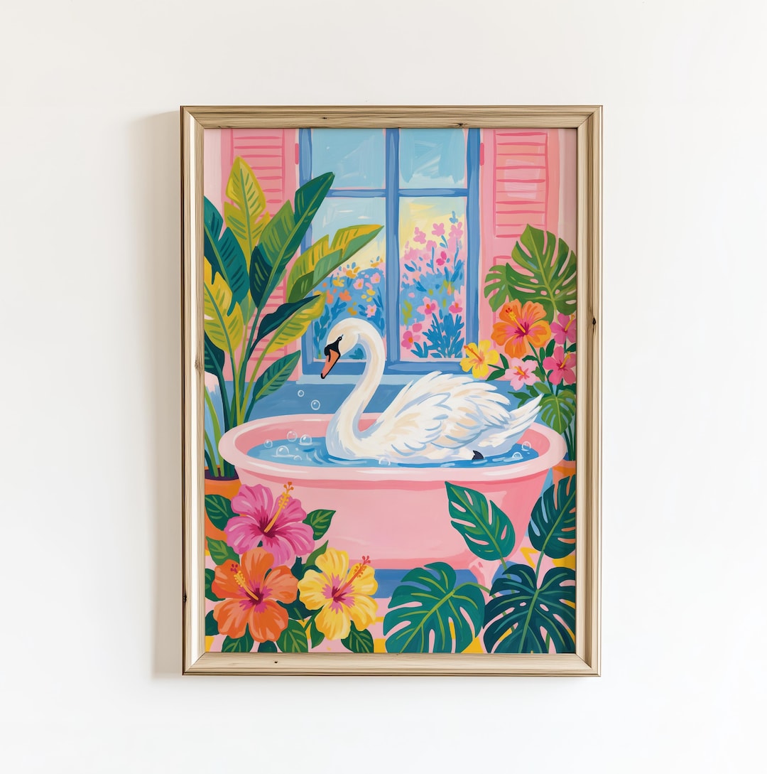 Tropical Swan Bath Art Print – Pink Bathroom Wall Art, Matisse Style ...