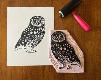 Burrowing Owl, Linocut, original art print, nature art, limited edition, bird illustration, hand carved and printed, blue artwork