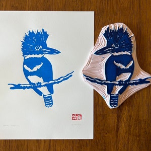 Belted Kingfisher, Linocut, original art print, nature art, limited edition, bird illustration, hand carved and printed, blue artwork